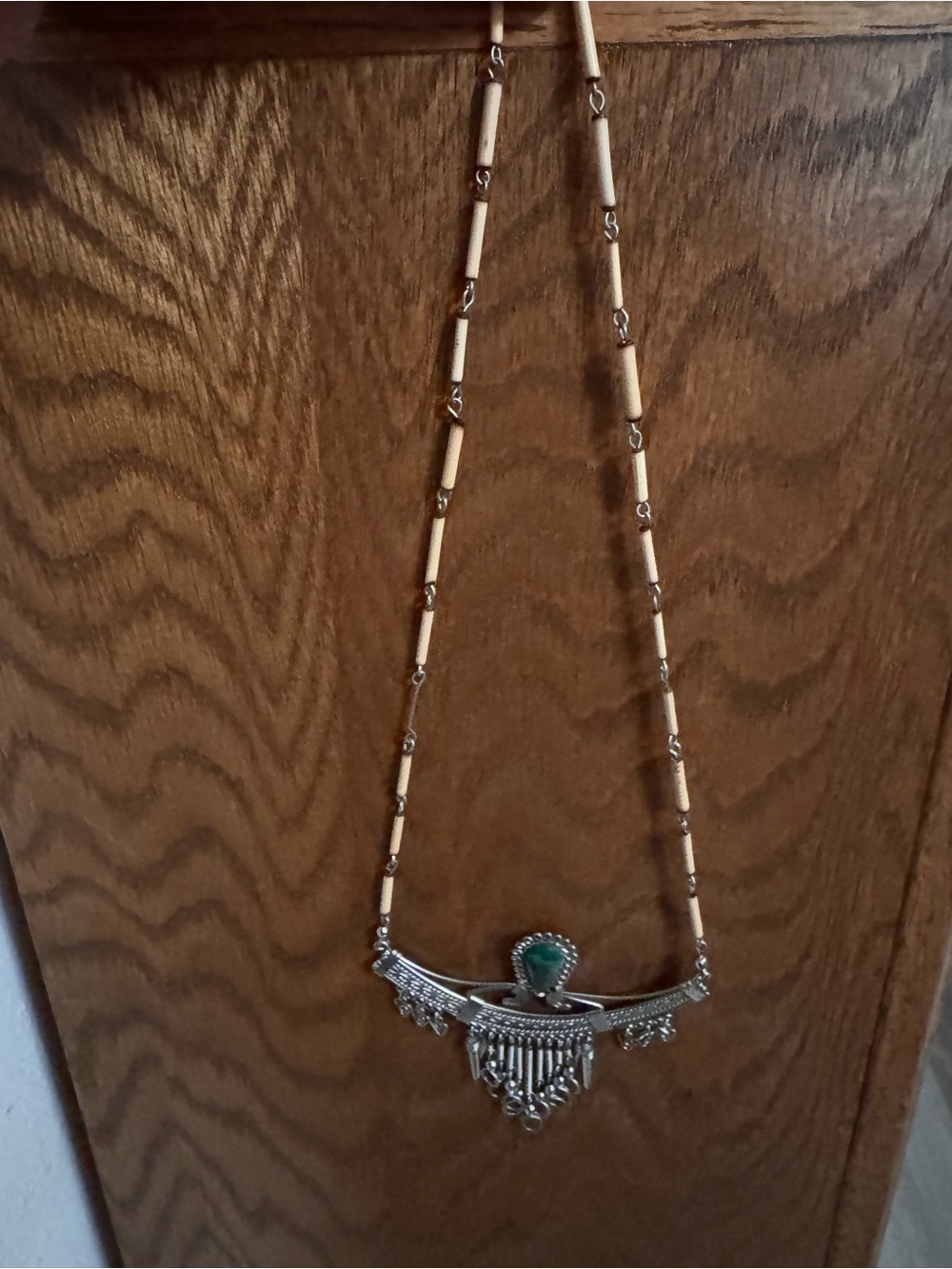 Silver-Tone Statement Necklace with Green Accent Stone
